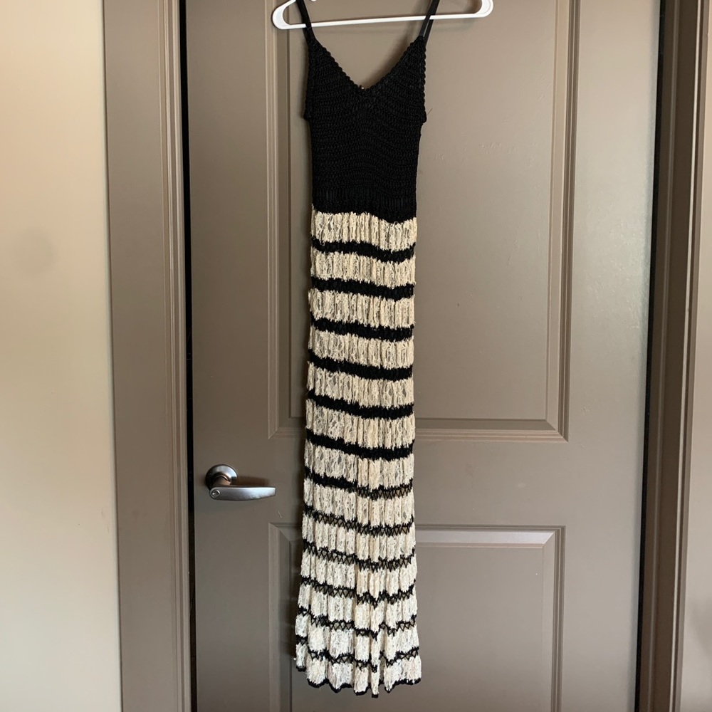 Black and white crocheted and silk dress